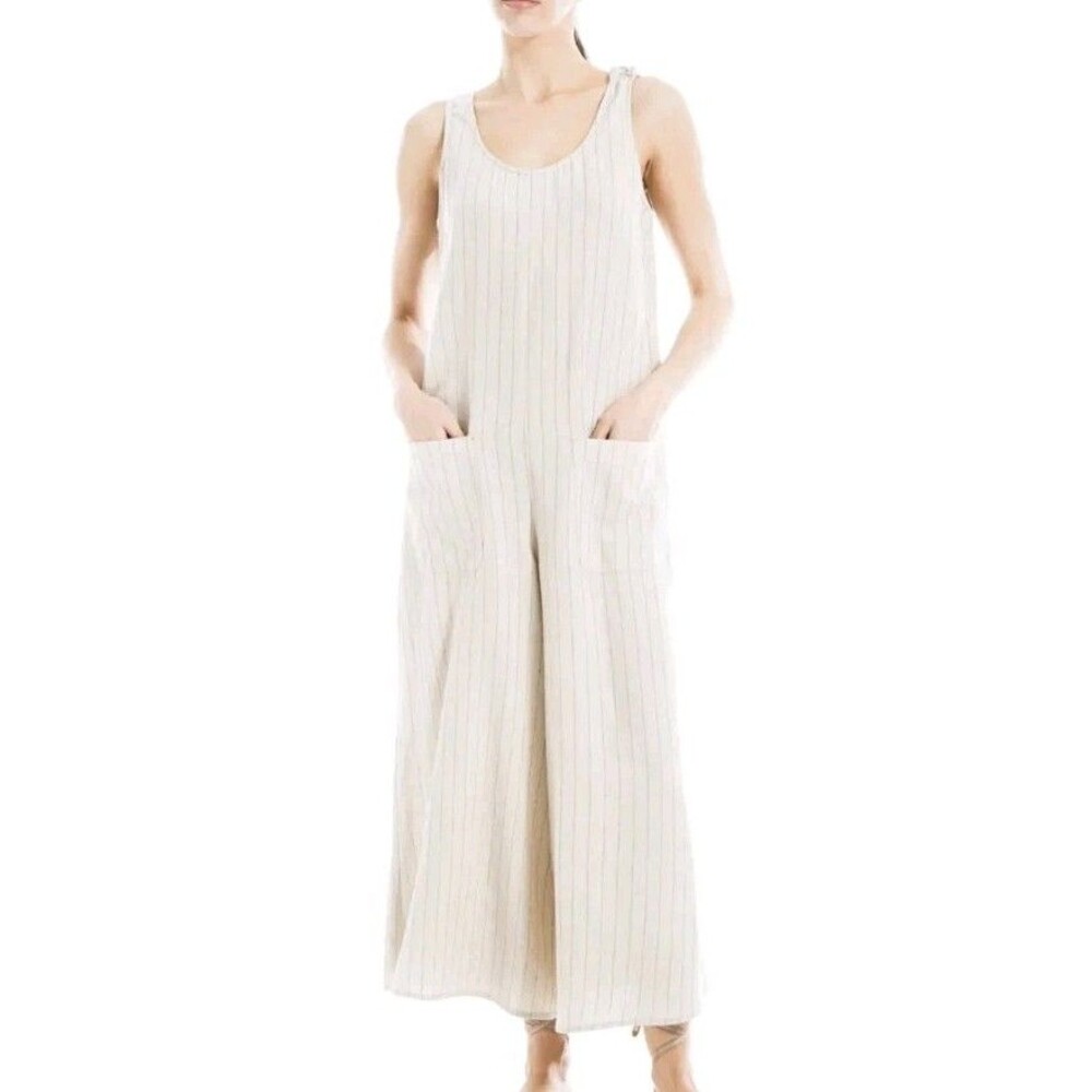 Max Studio Yarn Dye Cream Pinstripe Linen Blend Wide Leg Jumpsuit Pockets XS EUC